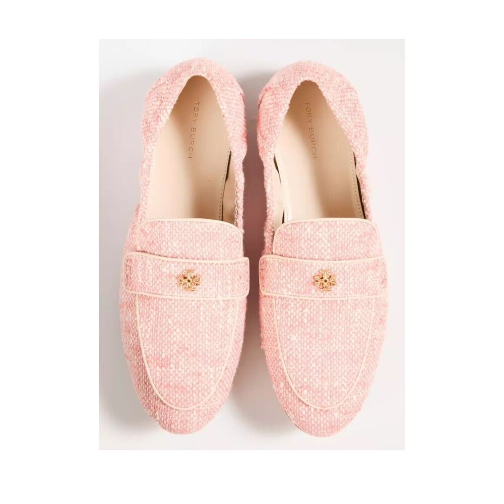 TORY BURCH TWEED BALLET LOAFER PEACH/IVORY/CREAM LEATHER TRIM SZ 6.5 New $348